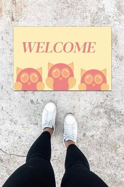 Mu Art Ahşap Bfs Digital Printing Pink Three Owl Pattern Door Mat K-1032