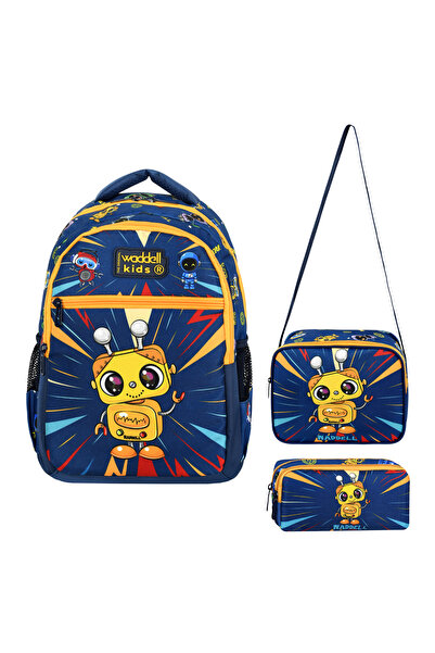 WMİLANO Licensed Navy Blue-Yellow Robot Patterned School Backpack, Lunch Bag and 2 Pocket Pen Holder