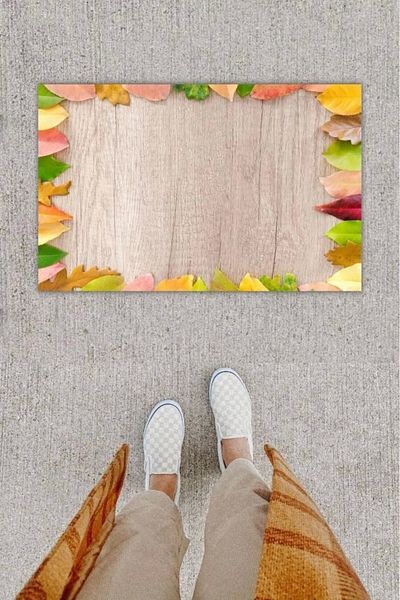 Mu Art Ahşap Bfs Digital Printing Decorative Multi Leaf Gray Door Mat K-1233