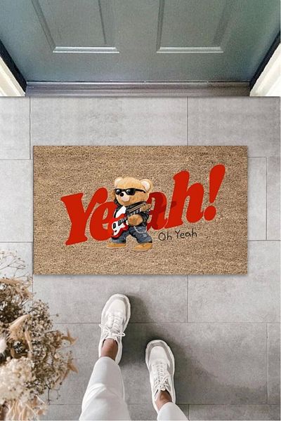 Mu Art Ahşap Bfs Decorative Digital Oh Yeah Teddy Bear Beige Outdoor Door Mat K-3188