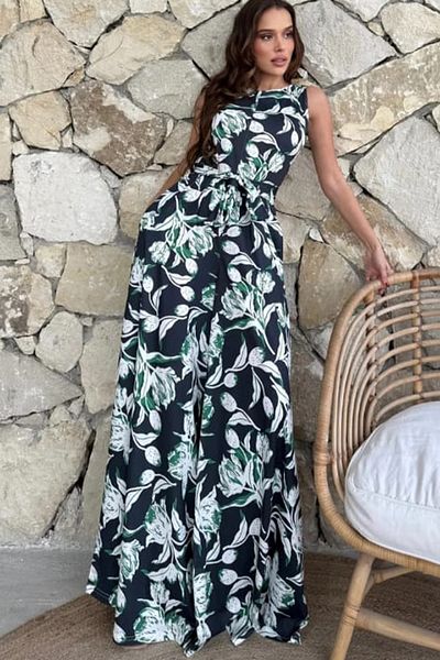 ESSFASIHON Patterned Wide Leg Thick Strap Jumpsuit with Double Side Pockets