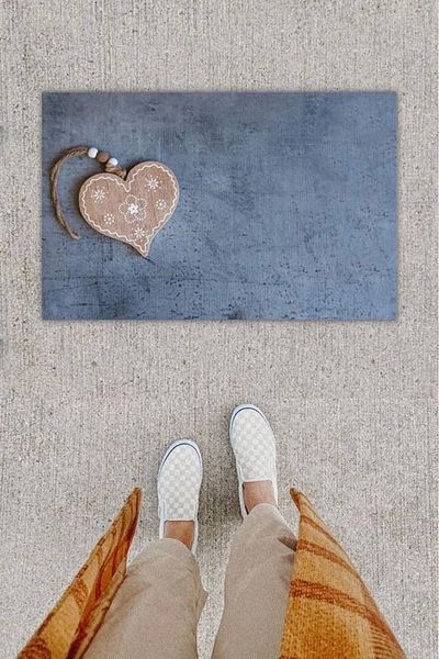 Mu Art Ahşap Bfs Digital Printing Decorative Heart Anthracite Door Mat K-1291