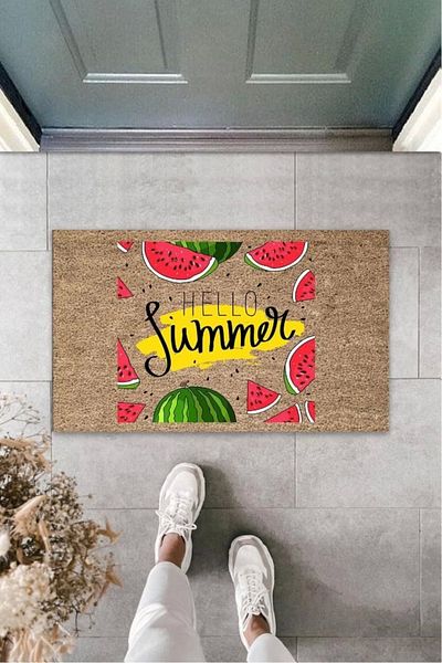 Mu Art Ahşap Bfs Brown Door Mat Hello Summer Watermelon Slices Pattern K-3267