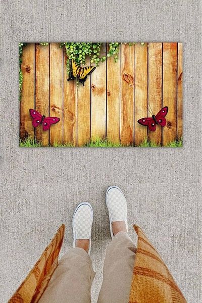 Mu Art Ahşap Bfs Digital Printing Decorative Butterfly Brown Door Mat K-1256