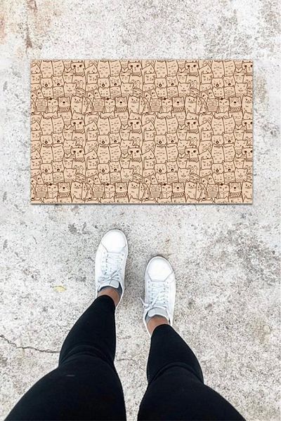 Mu Art Ahşap Bfs Digital Printing Beige Cat Pattern Door Mat K-1024