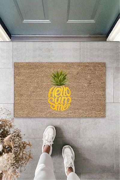 Mu Art Ahşap Bfs Brown Door Mat Hello Summer Pineapple Pattern K-3263