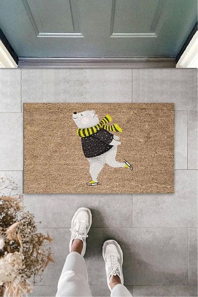 Mu Art Ahşap Bfs Digital Printing Brown Skate Happy Bear Door Mat K-3157