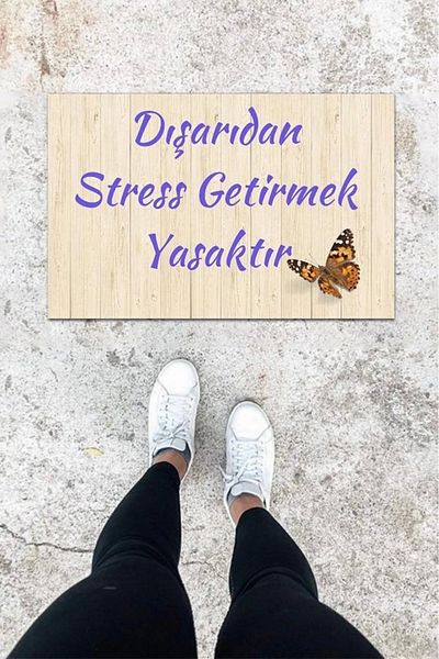 Mu Art Ahşap Bfs Digital Printing Cream Butterfly Pattern Door Mat K-1016