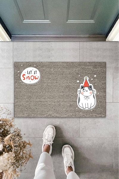 Mu Art Ahşap Bfs Digital Printing Gray Let It Snow Cuckoo Cat Decorative Door Mat K-2058