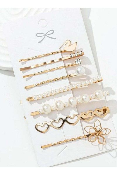 Generic 8 Golden hair clips decorated with pearls and sparkling crystals