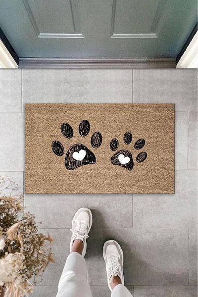 Mu Art Ahşap Bfs Digital Printing Brown Double Heart Paw Decorative Door Mat K-2030