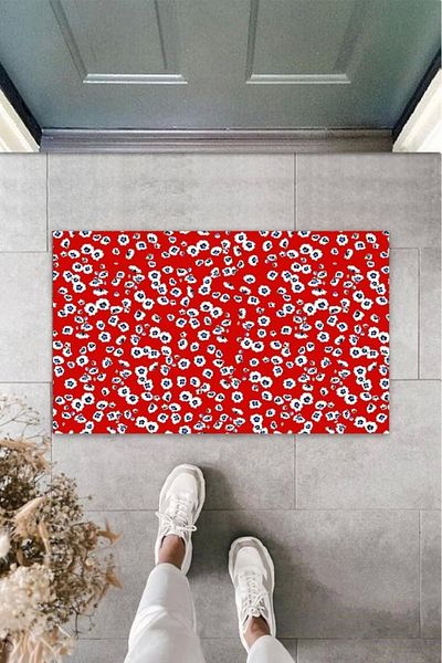 Mu Art Ahşap Bfs Digital Small Flowers Red Door Mat Outdoor Door Mat K-3103