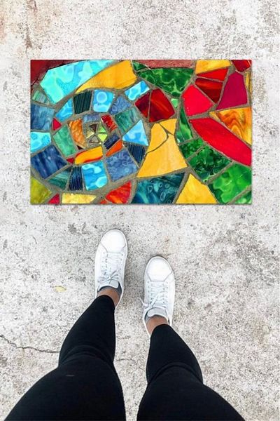 Mu Art Ahşap Bfs Digital Printing Multicolor Broken Mosaic Pattern Door Mat K-1072