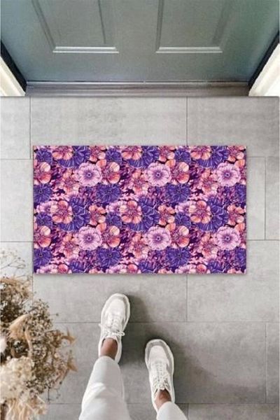 Mu Art Ahşap Bfs Decorative Digital Flowers Purple Door Mat Outdoor Doormat K-3119