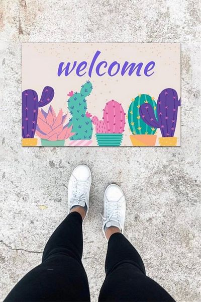 Mu Art Ahşap Bfs Digital Printing Purple Cactus Pattern Door Mat K-1013