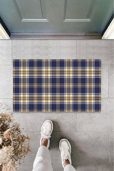Mu Art Ahşap Bfs Decorative Digital Gingham Navy Blue Door Mat Outdoor Doormat K-3063