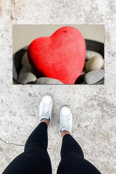 Mu Art Ahşap Bfs Digital Printing Red Heart Pattern Door Mat K-1051