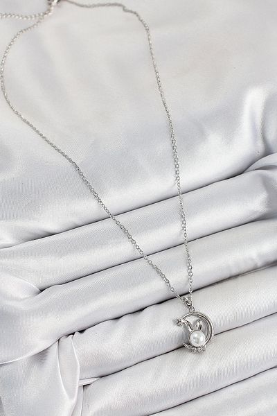 NETWORK ART Bfs 316L Steel Pearl Detailed Crescent Rabbit Model Silver Color Women's Necklace