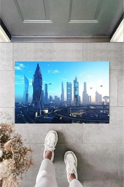 Mu Art Ahşap Bfs Digital Future World City Blue Door Mat Outdoor Mat K-2116