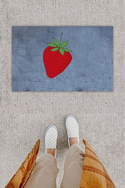 Mu Art Ahşap Bfs Digital Printing Decorative Strawberry Anthracite Door Mat K-1297
