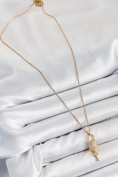 NETWORK ART Bfs 316L Steel Zircon Stone Lock and Dangle Key Model Gold Color Women's Necklace