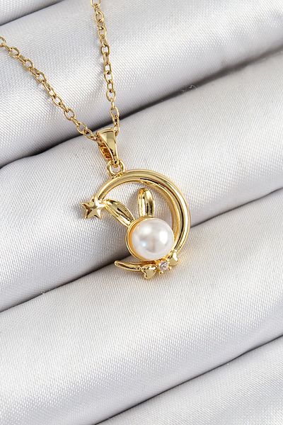 NETWORK ART Bfs 316L Steel Pearl Detailed Crescent Rabbit Model Gold Color Women's Necklace