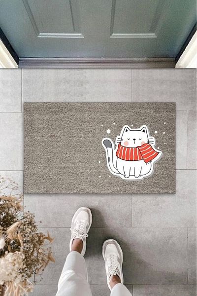 Mu Art Ahşap Bfs Digital Printing Gray Red Scarf White Cat Decorative Door Mat K-2059