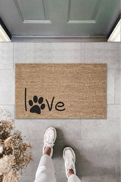Mu Art Ahşap Bfs Digital Printing Brown Black Paw Love Decorative Door Mat K-2009