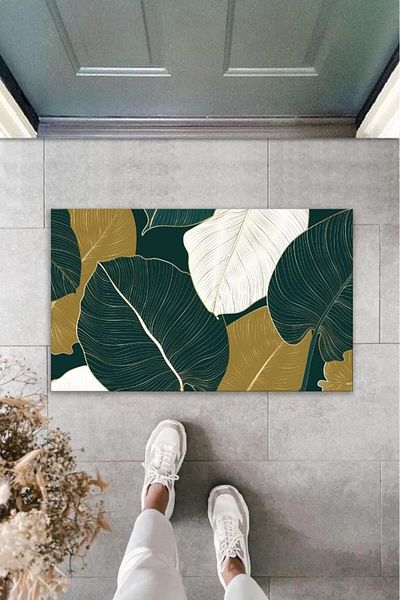 Mu Art Ahşap Bfs Decorative Digital Printing Dark Green Leaf Outdoor Mat K-2101