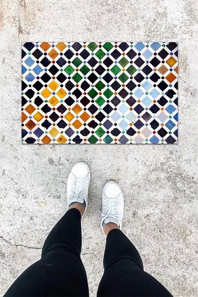 Mu Art Ahşap Bfs Digital Printing Navy Blue Square Pattern Door Mat K-1069