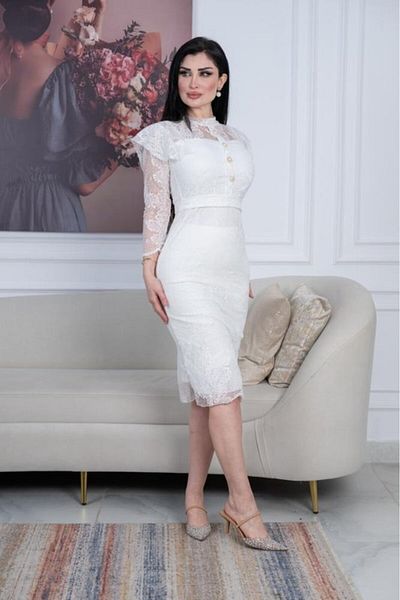 Nice Model White Midi Lace Dress Long Sleeve Pearl Button Elegant Wedding Party Formal Evening Gown