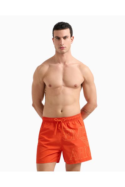 Emporio Armani Men's Elastic Tie Waist Short Length Brand Lettering Pattern Red Swimwear Em000583 Af12326-U5026