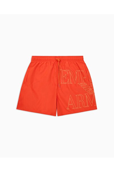 Emporio Armani Men's Elastic Tie Waist Short Length Brand Lettering Pattern Red Swimwear Em000583 Af12326-U5026