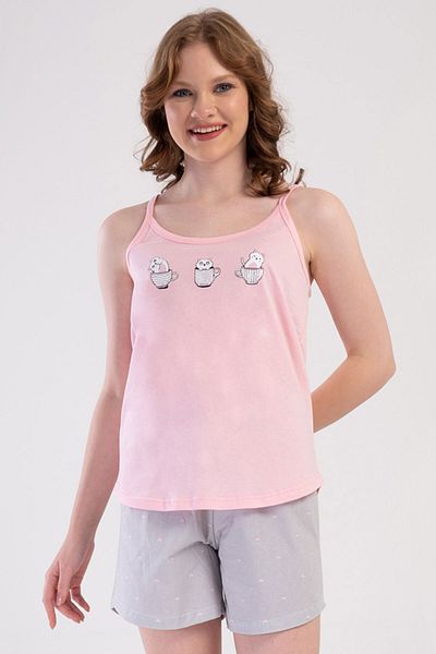 VİENETTA Cotton Women's String Strap Shorts Pajama Set, 408024