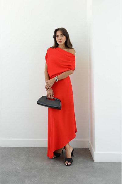 Havoş Red Long Dress with Drawstring Detail on the Shoulders