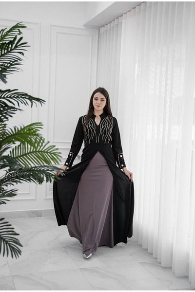 Nice Model Black Crepe Maxi Dress Long Sleeve Embroidered Formal Evening Gown Women Plus Size Elegant Party