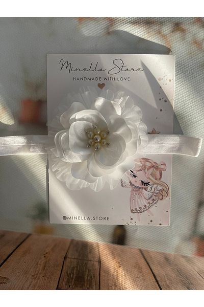 MİNELLASTORE Minella Store Satin Shiny Organza Layered Rose Flower with Pearls and Stones 0-3 Years Baby Bandana