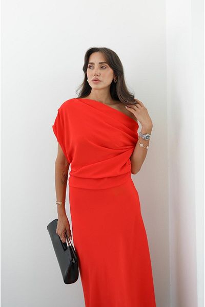 Havoş Red Long Dress with Drawstring Detail on the Shoulders