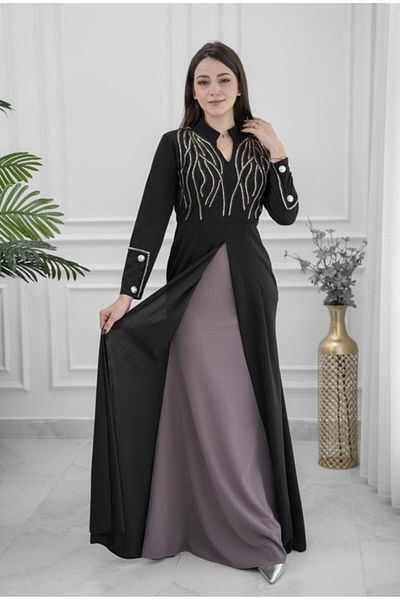 Nice Model Black Crepe Maxi Dress Long Sleeve Embroidered Formal Evening Gown Women Plus Size Elegant Party