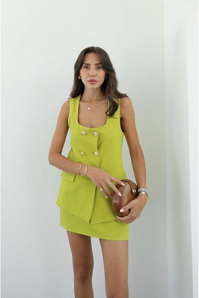 Havoş Oil Green Reba Vest Skirt Suit
