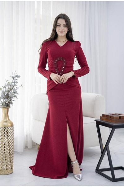 Nice Model Royal Crepe Dress Elegant Embroidered Long Sleeve Side Slit Evening Gown Red Women Plus Size