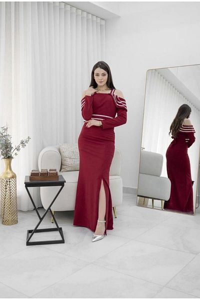 Nice Model Red Crepe Maxi Dress Embroidered Belt Shoulder Long Evening Gown Sleeveless Formal Party Wear