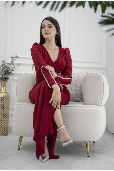 Nice Model Elegant Burgundy Crepe Dress Long Sleeve Sheer Evening Gown Stone Accessory Details Women