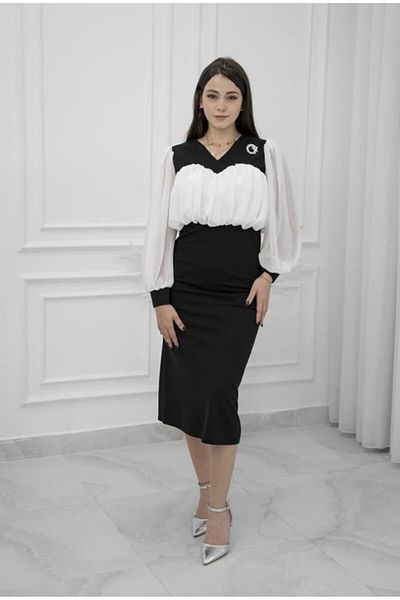 Nice Model Elegant Midi Crepe Dress Two-Tone Black White Sheer Sleeves Party Wedding Guest Formal Outfit