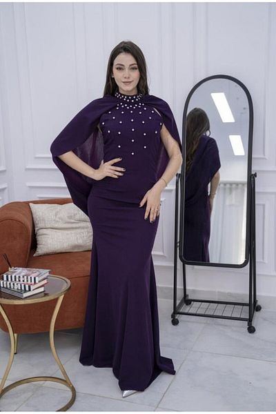 Nice Model Mauve Embroidered Crepe Evening Dress Long Sleeve Beaded Formal Gown Women Plus Size Party Wear