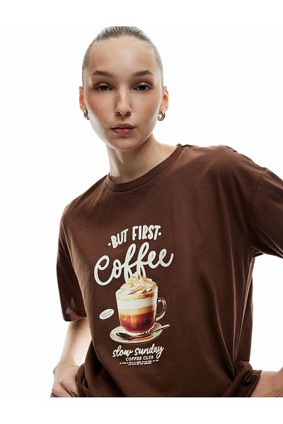 Koton Tricou imprimat din bumbac cu mânecă scurtă, cu decolteu, sezon nou