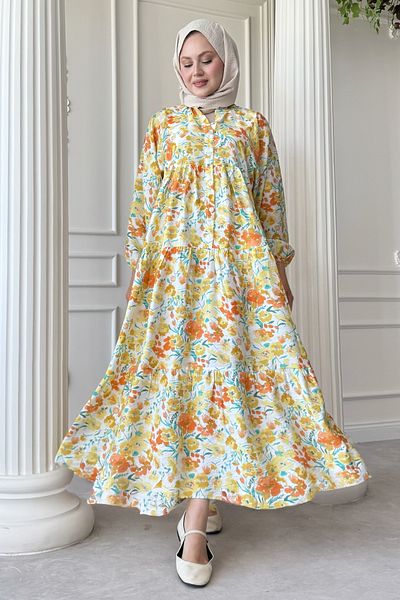 InStyle Φόρεμα Βιολετί Λουλούδι Κίτρινο Μάνγκο