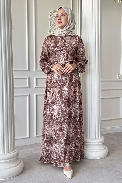 InStyle Sarmaşık Flora Desen Saten Kahverengi Elbise