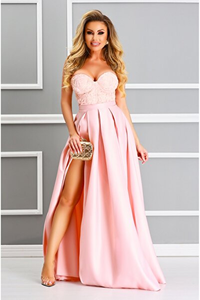 Atmosphere Fashion Rochie lungă de seară roz cu dantelă la bust