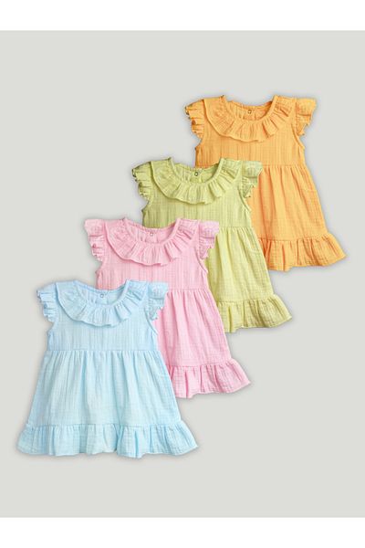 luay 100% Linen Baby Frock, with Frills, Cute and Trendy Summer Dress for Babies (Pack of 4) 3-6 M